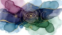 Abstract watercolor background with sacred geometry symbols and golden lines in purple blue green tones for spiritual meditation design projects.
