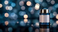 Luxury cosmetic bottle with blue glitter particles floating inside against blurred bokeh background creates magical premium skincare atmosphere.