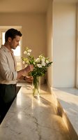 Young Caucasian man arranging white flowers in glass vase on marble kitchen counter in warm sunlit modern home interior for lifestyle decoration.