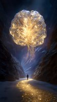 Silhouette of person walking on glowing path beneath luminous floating jellyfish-like entity in dark canyon, mystical golden light illuminating rocky walls.