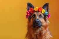 German Shepherd dog wearing colorful flower crown with roses against vibrant yellow background, looking up with alert expression and bright blue eyes.