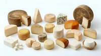 Assorted artisanal cheese collection featuring various textures and types including aged hard cheeses, soft creamy varieties, and blue cheese wheels on white background.