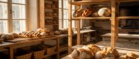Artisan bakery interior with fresh loaves of bread displayed on wooden shelves and tables, warm natural light streaming through windows, rustic production space.