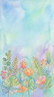 Watercolor floral background with pastel flowers, tropical leaves, and gold outlines on soft blue-green wash, perfect for cards and wallpapers.