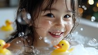 Young Asian girl smiling joyfully during bath time with yellow rubber ducks, surrounded by soap bubbles and water splashes, capturing pure childhood happiness.