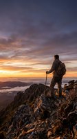 Male hiker with backpack standing on rocky mountain peak at sunrise, holding trekking pole, overlooking misty valley landscape below with golden sky.