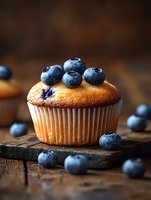 Golden blueberry muffin topped with fresh berries on rustic wooden surface for bakery and breakfast concepts.