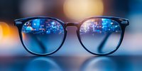 Stylish eyeglasses reflecting urban night lights and bokeh effect against blurred city background, modern optical fashion accessory with blue lens reflection.
