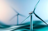 Wind turbines against turquoise waves background, renewable energy concept in modern teal color scheme, environmental power generation technology.