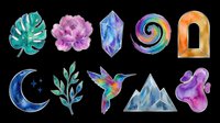 Watercolor botanical and mystical elements collection featuring monstera leaf, peony flower, crystal, spiral galaxy, archway, crescent moon, foliage, hummingbird, mountain, and abstract shapes. Isolated on transparent background, ready for t-shirts, stickers, clipart, and print-on-demand designs.