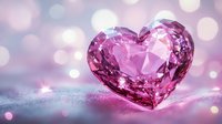 Pink crystal heart on glittering surface with soft bokeh background creates romantic atmosphere. Luxury valentine concept with sparkling light effects and dreamy pink tones.