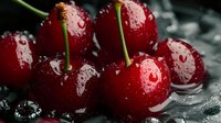Fresh ripe cherries with water drops on dark background, macro shot showing juicy red fruit texture and natural moisture for food photography.