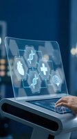 Futuristic medical technology interface with holographic healthcare icons displayed on transparent screen showing heart, DNA, cross and brain symbols.