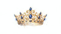 Golden royal crown with blue sapphire gems and ornate scrollwork design isolated on white background for luxury branding and regal themed projects.
