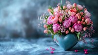 Lush pink peony bouquet with coral roses and delicate buds in turquoise ceramic vase against blurred blue background.