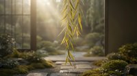 Golden sunlight filters through forest creating magical atmosphere with hanging willow branch in foreground and wooden pathway leading into misty woods.