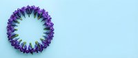 Purple flower petals arranged in circular wreath pattern on light blue background with copy space for spring design projects and floral decorations.