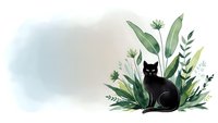 Black cat sitting among green botanical leaves and plants on soft watercolor background for pet and nature designs.