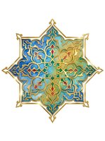 Ornate star-shaped Islamic geometric pattern with gold filigree borders, blue and turquoise enamel, and red jewel accents. Isolated design element suitable for decorative graphics, textiles, and ornamental applications.