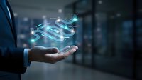 Businessman holding glowing digital dollar sign symbol with light effects above palm in modern office environment for financial technology concepts.