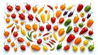 Assorted fresh chili peppers and hot peppers in red, yellow, orange, and green varieties arranged on white background, isolated for culinary and cooking design use.