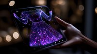 Glowing purple dress hologram floating above smartphone screen with sparkles and magical particles in dark setting with bokeh lights background.