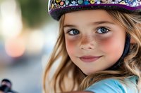 Young girl with freckles and bright blue eyes wearing colorful bike helmet smiles warmly at camera, natural outdoor lighting creates soft bokeh background.