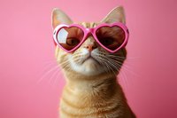 Orange tabby cat wearing pink heart-shaped sunglasses on bright pink background for Valentine's Day themed pet photography and romantic greeting cards.
