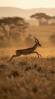 Graceful antelope leaping through golden savanna grassland at sunset with acacia trees in soft focus background creating warm atmospheric wildlife scene.
