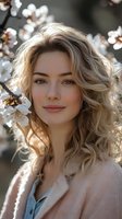 Young Caucasian woman with wavy blonde hair smiling gently among blooming spring cherry blossoms, wearing light pink coat and blue top, natural makeup and soft lighting.