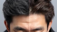 Comparison of hair color transformation showing natural gray hair and dyed brown hair side by side, demonstrating aging and hair coloring effects.