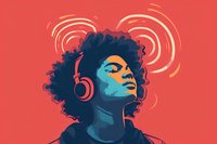 Young African American woman with curly hair wearing headphones against vibrant coral background with sound wave circles, enjoying music.