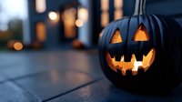 Glowing carved black pumpkin with classic jack o'lantern face illuminated from within on dark surface against blurred bokeh lights background, creating spooky Halloween atmosphere.