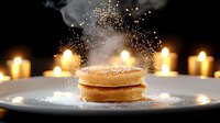 Magical sprinkle of powdered sugar falling on fresh pancakes stack with glowing candles creating cozy atmosphere on dark background. Festive breakfast concept.