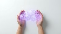 Human hands protecting glowing purple brain with geometric network connections representing artificial intelligence and neural pathways in healthcare.