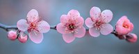 Pink cherry blossom flowers blooming on branch with soft bokeh background. Spring sakura petals with delicate stamens in natural garden setting.