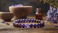 Purple amethyst crystal bracelet with wooden bowls and essential oil bottle on rustic table, lavender flowers creating zen atmosphere for wellness and meditation.