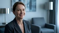 Professional middle-aged Caucasian businesswoman smiling confidently in modern office environment wearing dark blazer for corporate presentations.