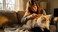 Woman with long brown hair grooming fluffy ginger and white cat on brown leather sofa by window with natural sunlight for pet care and lifestyle content.