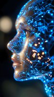Glowing profile of digital face with blue circuit patterns and light effects, representing artificial intelligence and machine learning technology advancement.