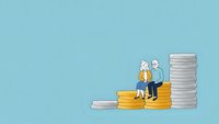 Senior couple sitting on golden coin steps with silver coin tower representing retirement savings and financial planning growth.