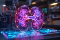 Glowing anatomical kidneys with luminescent pink and purple neural networks floating over futuristic circuit board in dark scientific laboratory setting.
