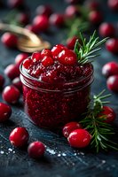 Fresh cranberry sauce with whole berries and rosemary in glass jar, perfect for holiday menu and food photography. Dark moody background enhances vibrant red color.