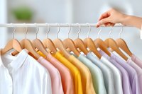 Pastel colored t-shirts hanging on wooden hangers in closet rod, female hand touching garments. Minimalist wardrobe organization concept for fashion retail.