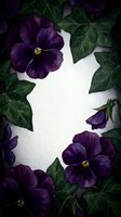 Purple pansy flowers with green leaves creating decorative border frame on white textured background for spring garden design and floral arrangements.