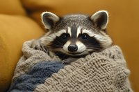 Adorable raccoon wrapped in cozy knit blanket against warm yellow background, perfect for wildlife, comfort and lifestyle design projects.