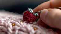 Handcrafted red strawberry brooch with green leaves made from crochet thread on pink knitted fabric background, macro shot showing delicate textile details.