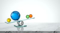 Balance concept with colorful spheres on glass seesaw showing equilibrium and stability for business presentations and educational materials.