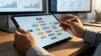 Business professional analyzing digital workflow diagram on tablet with stylus pen at modern office desk with data charts displayed on monitors.