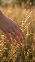 Hand gently touching golden wheat stalks in warm sunlight during harvest season with soft bokeh background for agricultural and farming concepts.